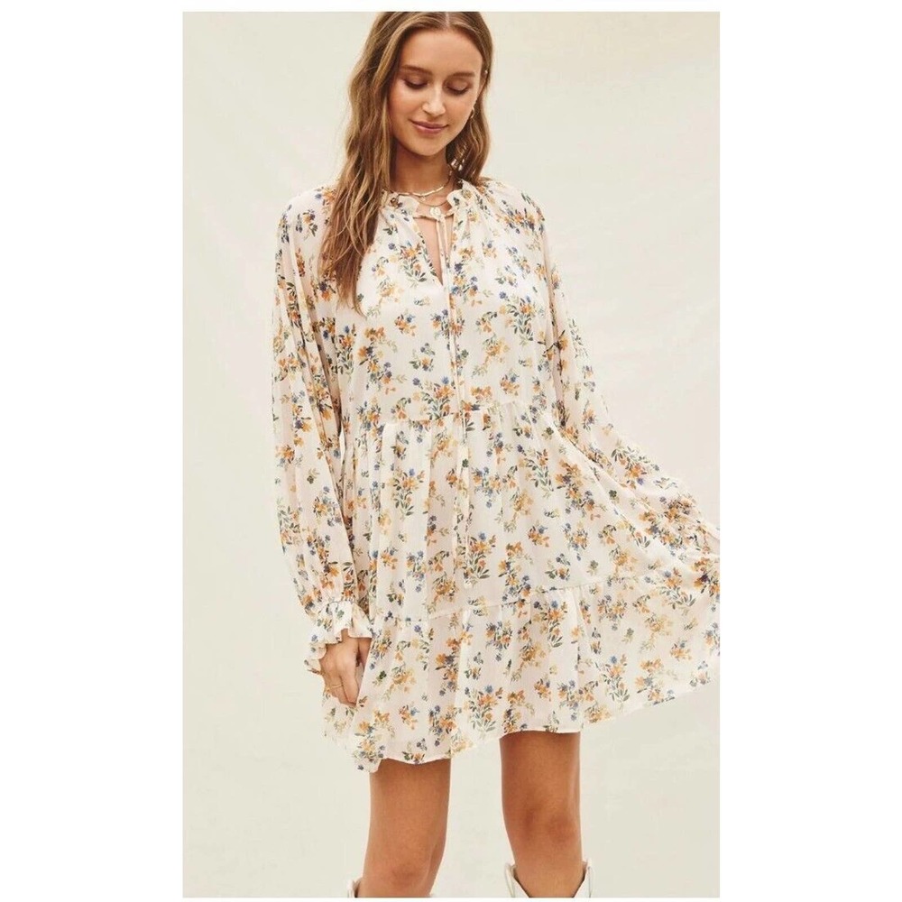 Vici Dress Large Women Long Sleeve Boho Floral Swing Ivory Tiered Ruffle Neck